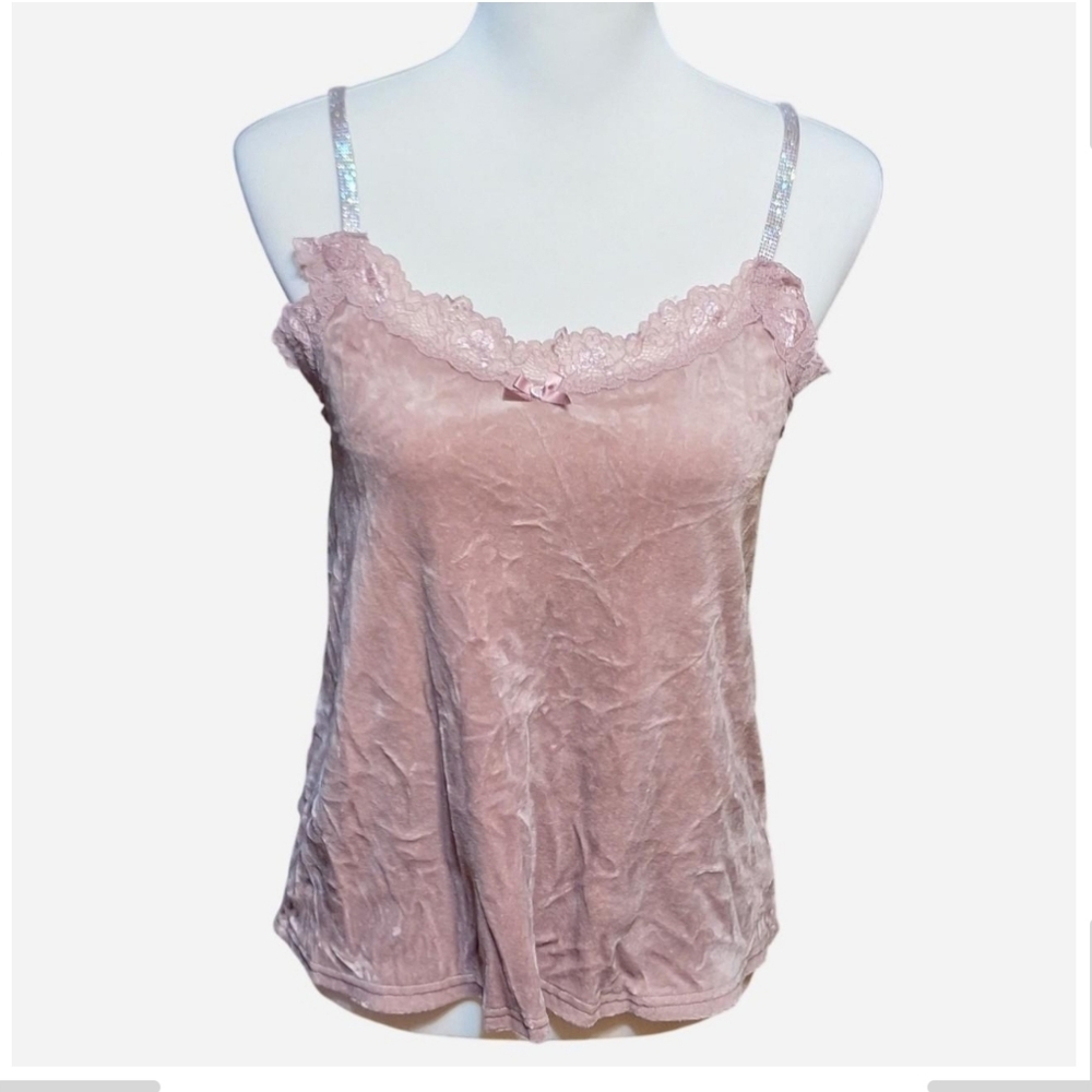 Saturdaze Pink Velvet Cami Tank Top Lace Trim Blingy Coquette Romantic Ballet